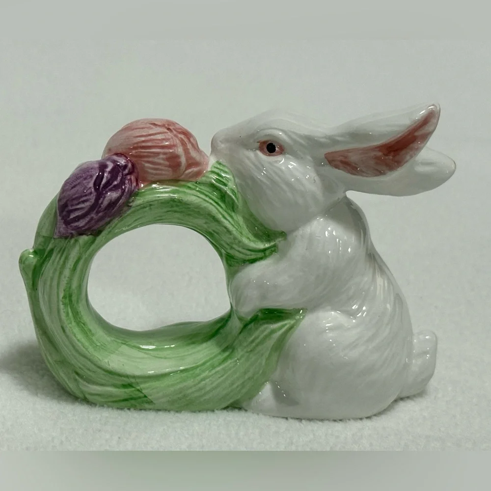 White Ceramic Bunny Napkin Rings with Pastel Tulip Wreath - Set of 6